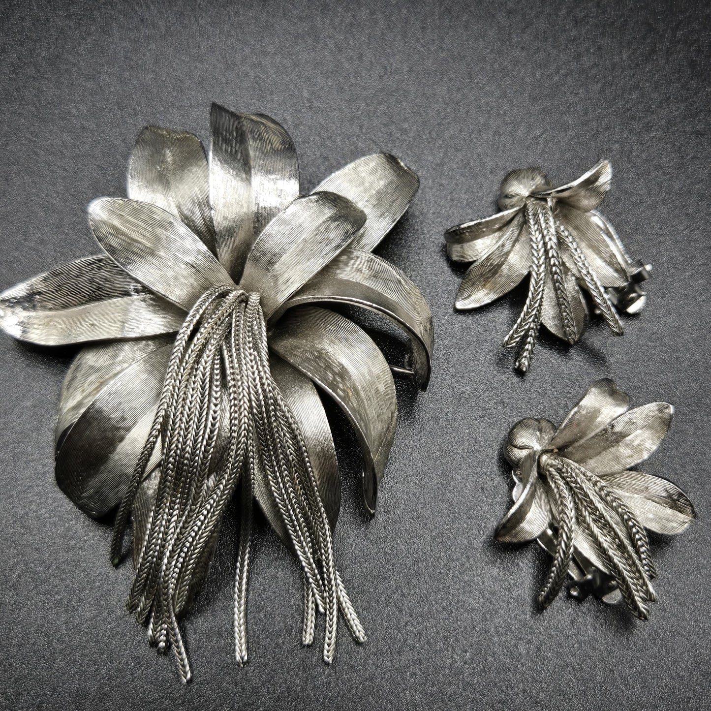 Vintage KRAMER signed flower tassel Brushed Silver tone Brooch Pin and Clip on Earrings set