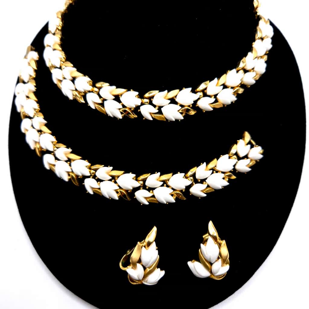 Vintage Trifari crown Alfred Philippe Parure White Lily Of Valley Necklace bracelet clip on Earrings set