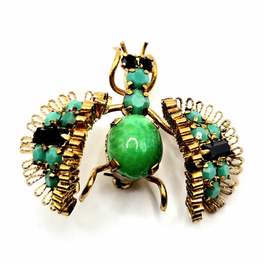 Vintage AUSTRIA Bug green black Cabochon gold tone brooch pin