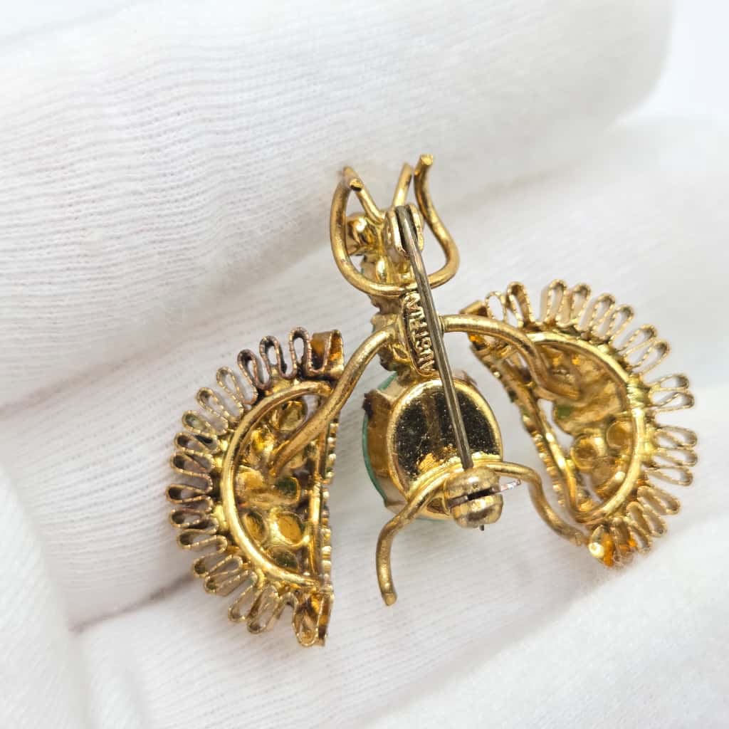 Vintage AUSTRIA Bug green black Cabochon gold tone brooch pin