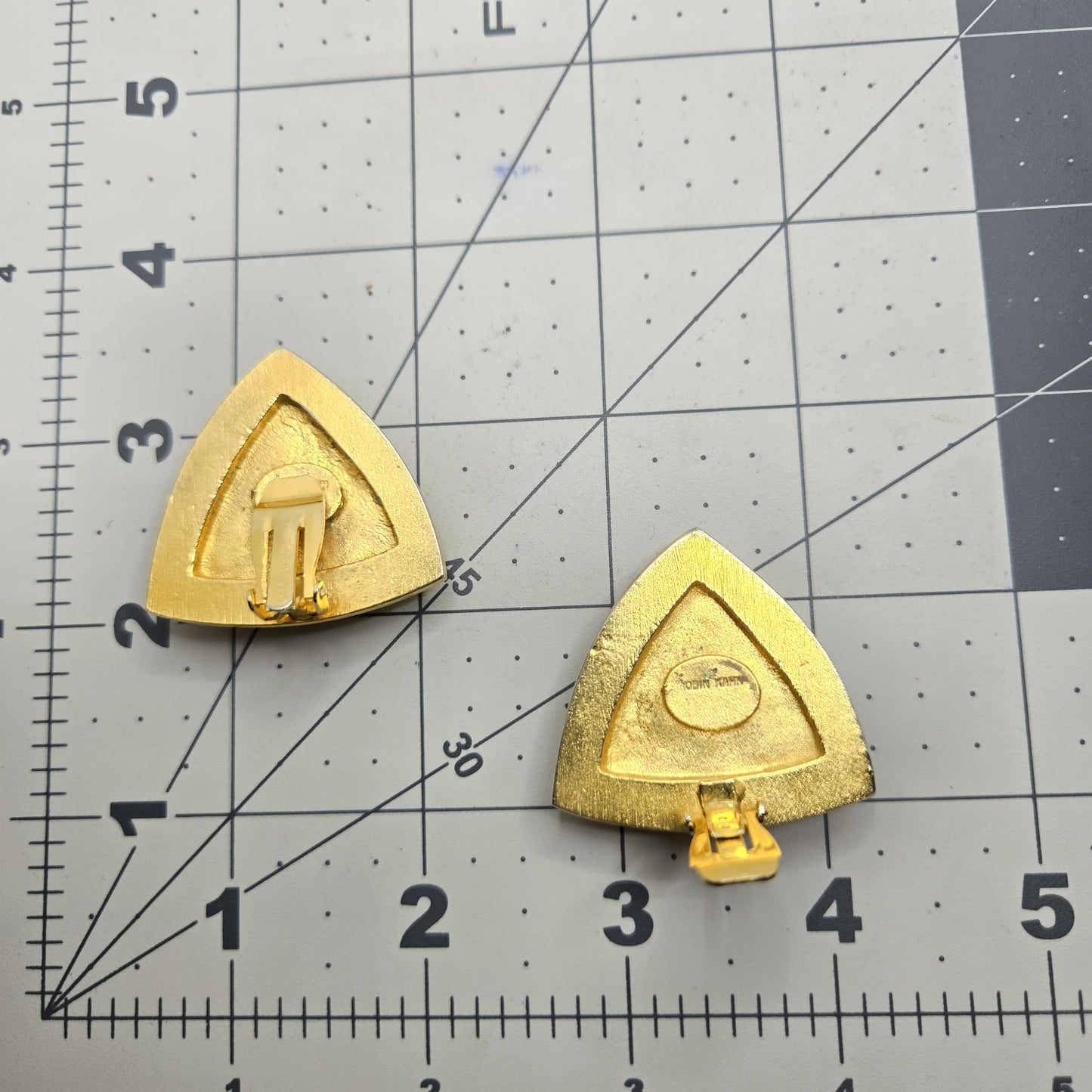 Vintage ROBIN KAHN Large Modernist Red Ruby Rhinestones Gold tone clip on earrings