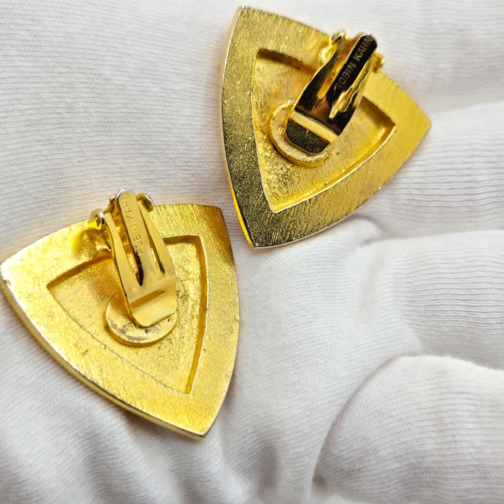 Vintage ROBIN KAHN Large Modernist Red Ruby Rhinestones Gold tone clip on earrings