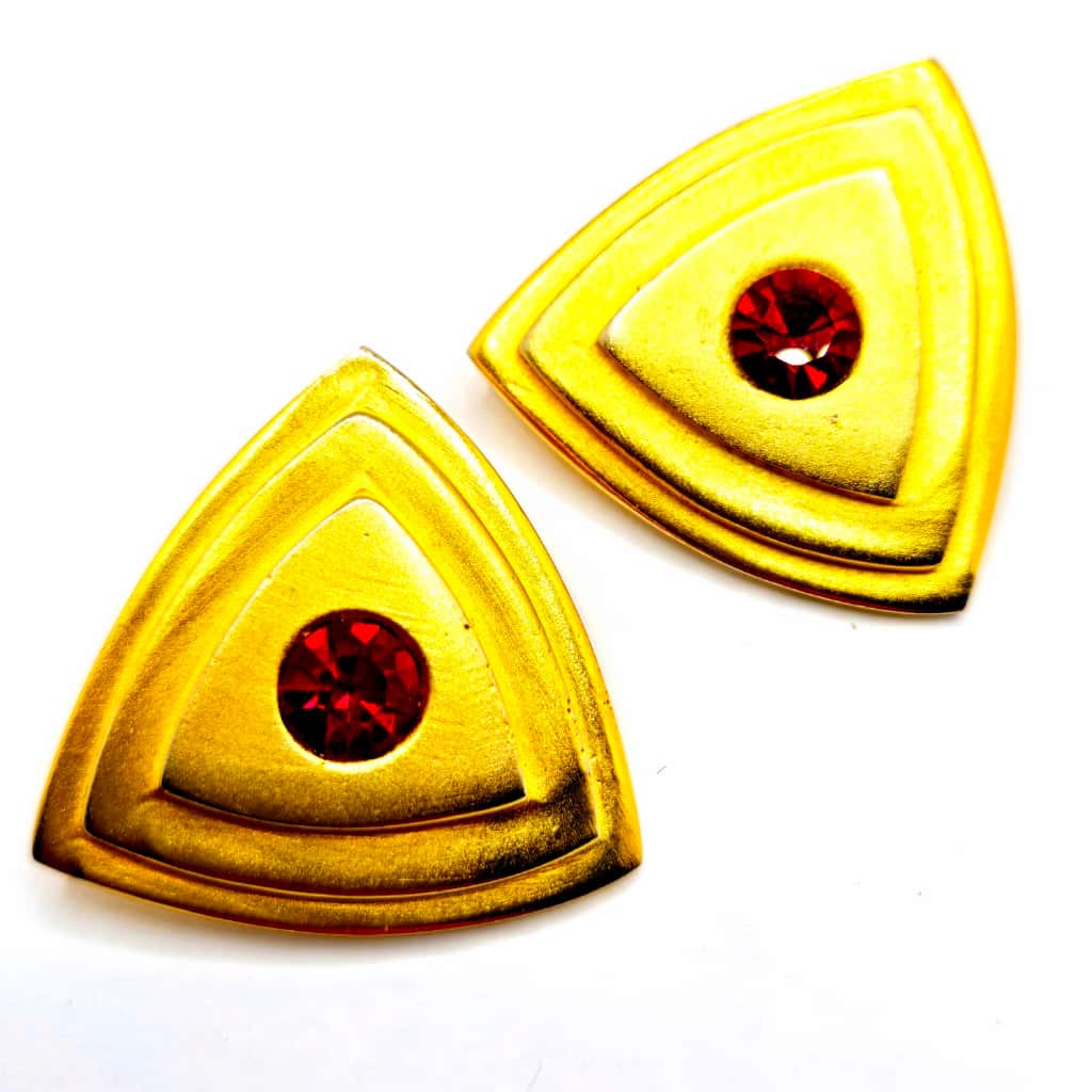 Vintage ROBIN KAHN Large Modernist Red Ruby Rhinestones Gold tone clip on earrings