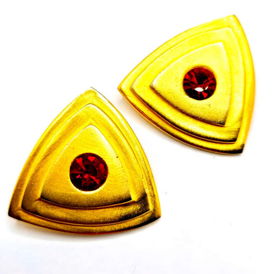 Vintage ROBIN KAHN Large Modernist Red Ruby Rhinestones Gold tone clip on earrings