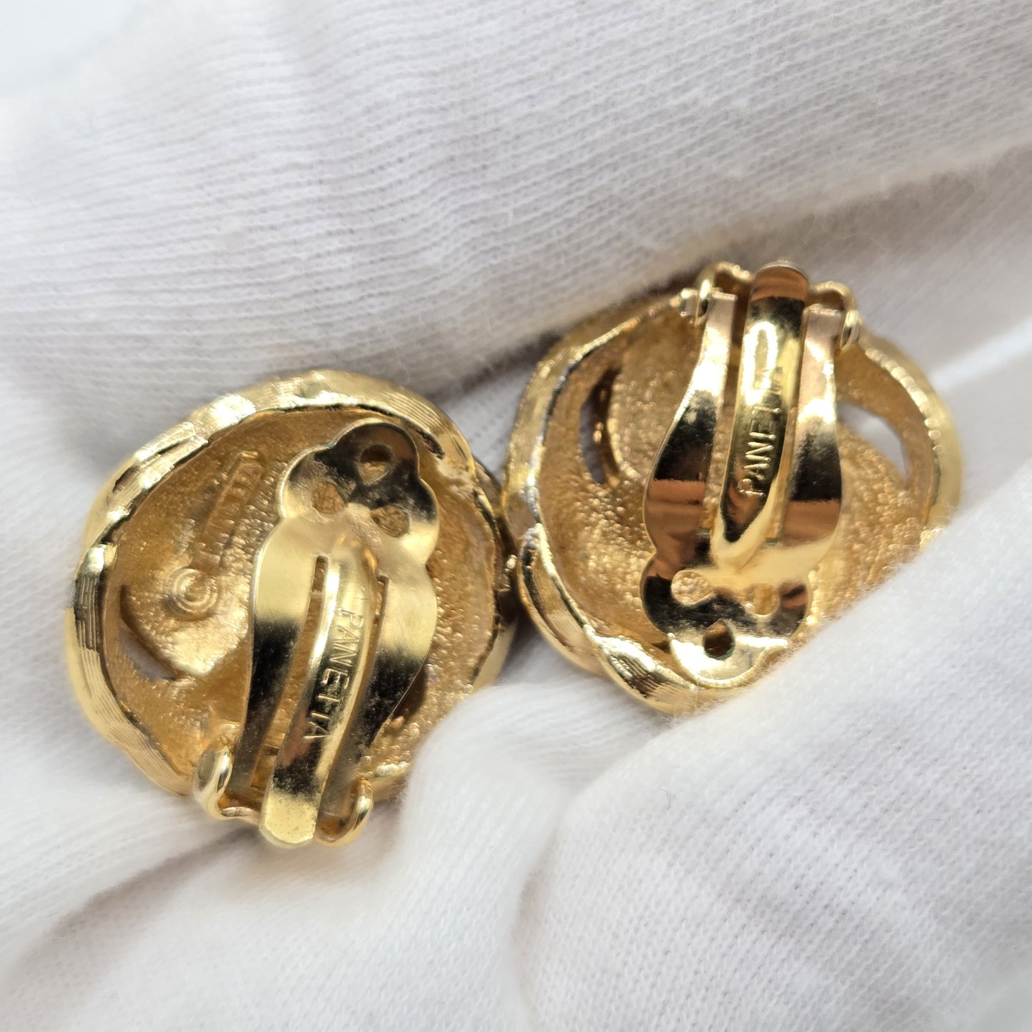 Vintage PANETTA Swirl green enamel rhinestones gold tone clip on earrings