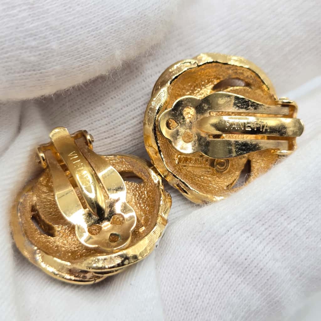 Vintage PANETTA Swirl green enamel rhinestones gold tone clip on earrings