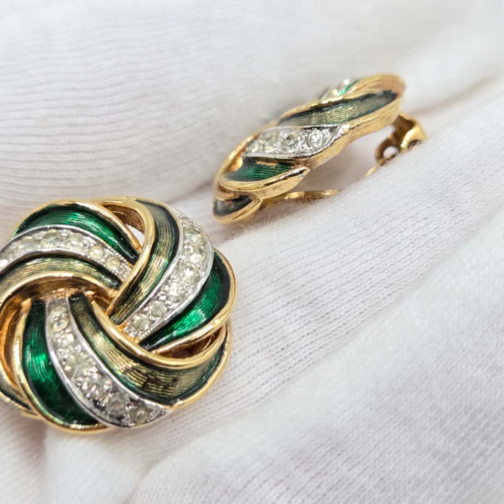 Vintage PANETTA Swirl green enamel rhinestones gold tone clip on earrings