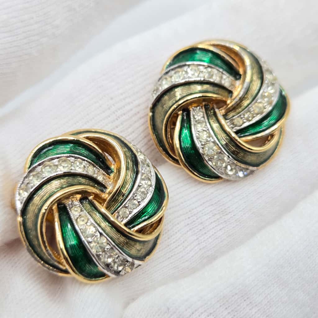 Vintage PANETTA Swirl green enamel rhinestones gold tone clip on earrings