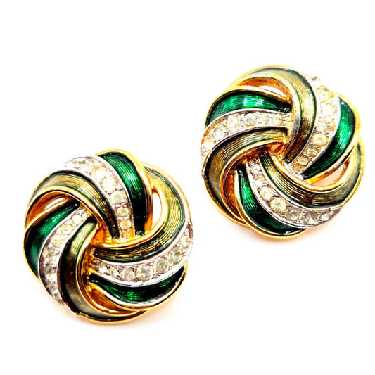 Vintage PANETTA Swirl green enamel rhinestones gold tone clip on earrings
