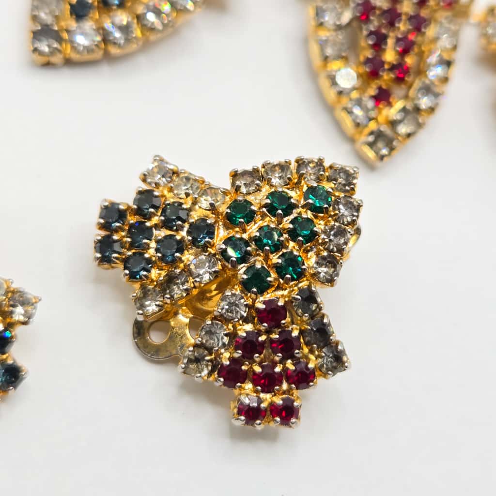 Vintage HOBE green blue red rhinestones gold tone beautiful designer runway necklace and clip on earrings set