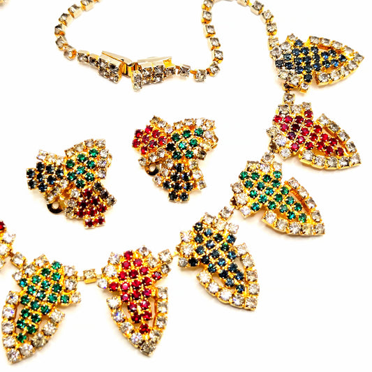 Vintage HOBE green blue red rhinestones gold tone beautiful designer runway necklace and clip on earrings set