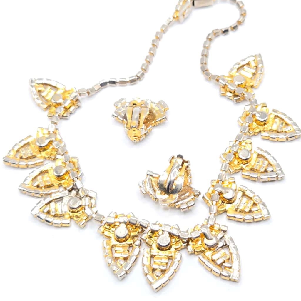 Vintage HOBE green blue red rhinestones gold tone beautiful designer runway necklace and clip on earrings set