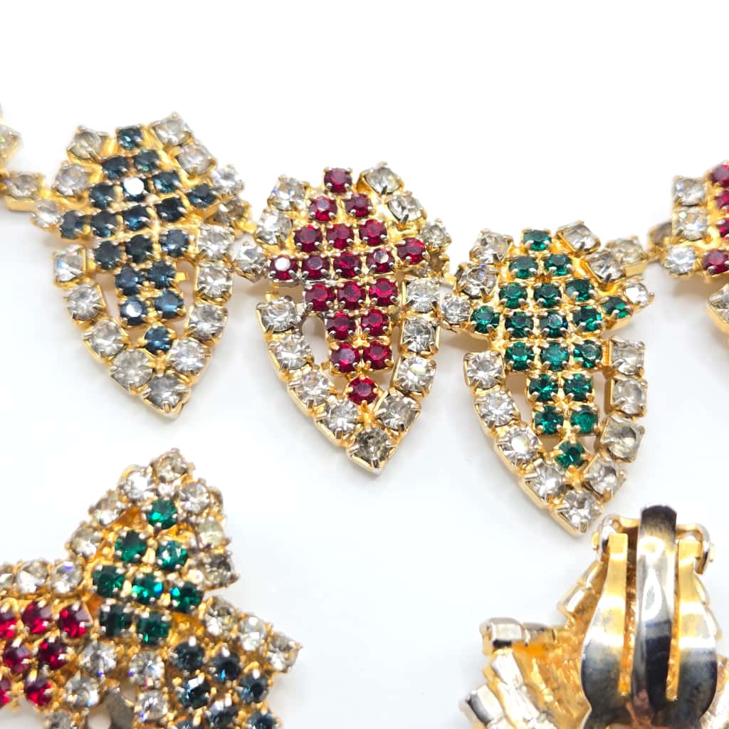 Vintage HOBE green blue red rhinestones gold tone beautiful designer runway necklace and clip on earrings set