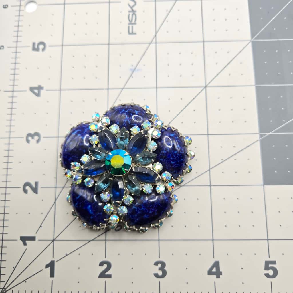 Vintage CATHÈ Flower lapis lazuli Cabochon blue rhinestones silver tone Brooch Pin