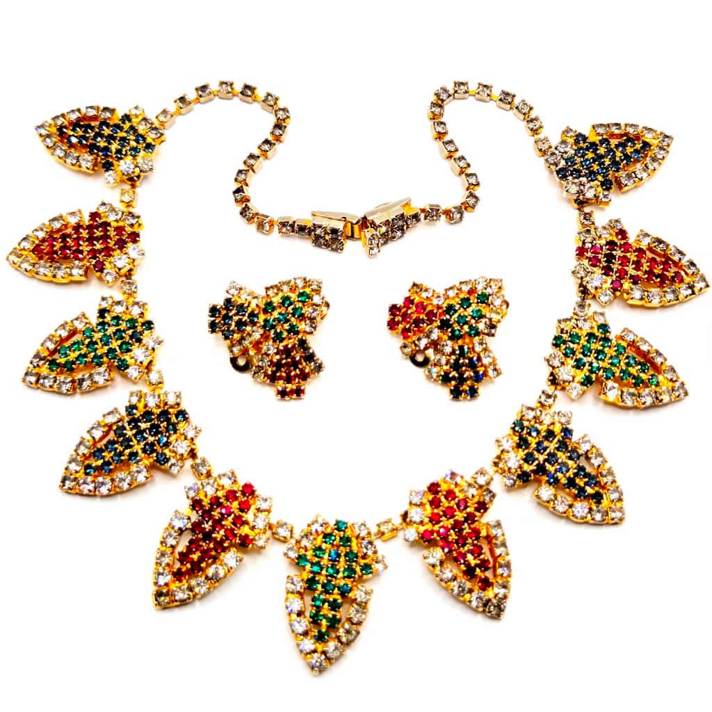 Vintage HOBE green blue red rhinestones gold tone beautiful designer runway necklace and clip on earrings set