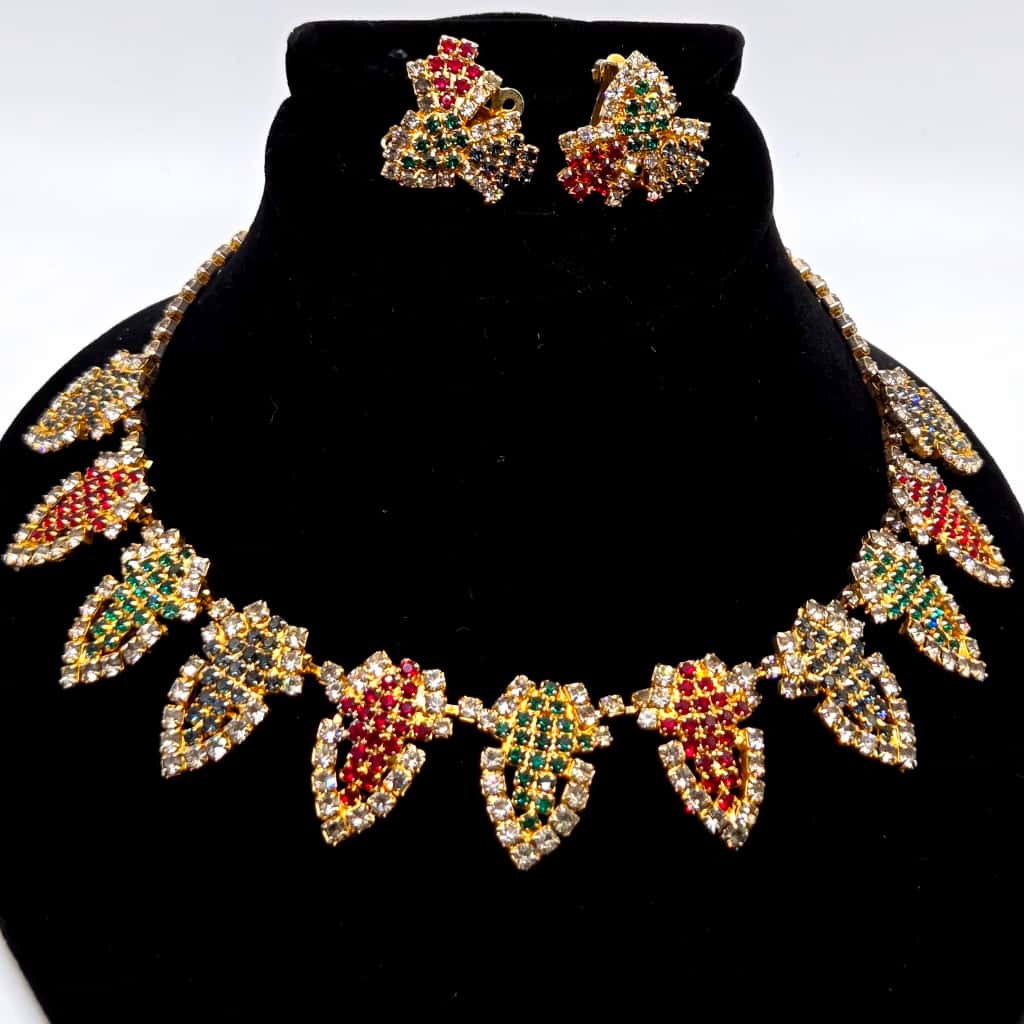 Vintage HOBE green blue red rhinestones gold tone beautiful designer runway necklace and clip on earrings set