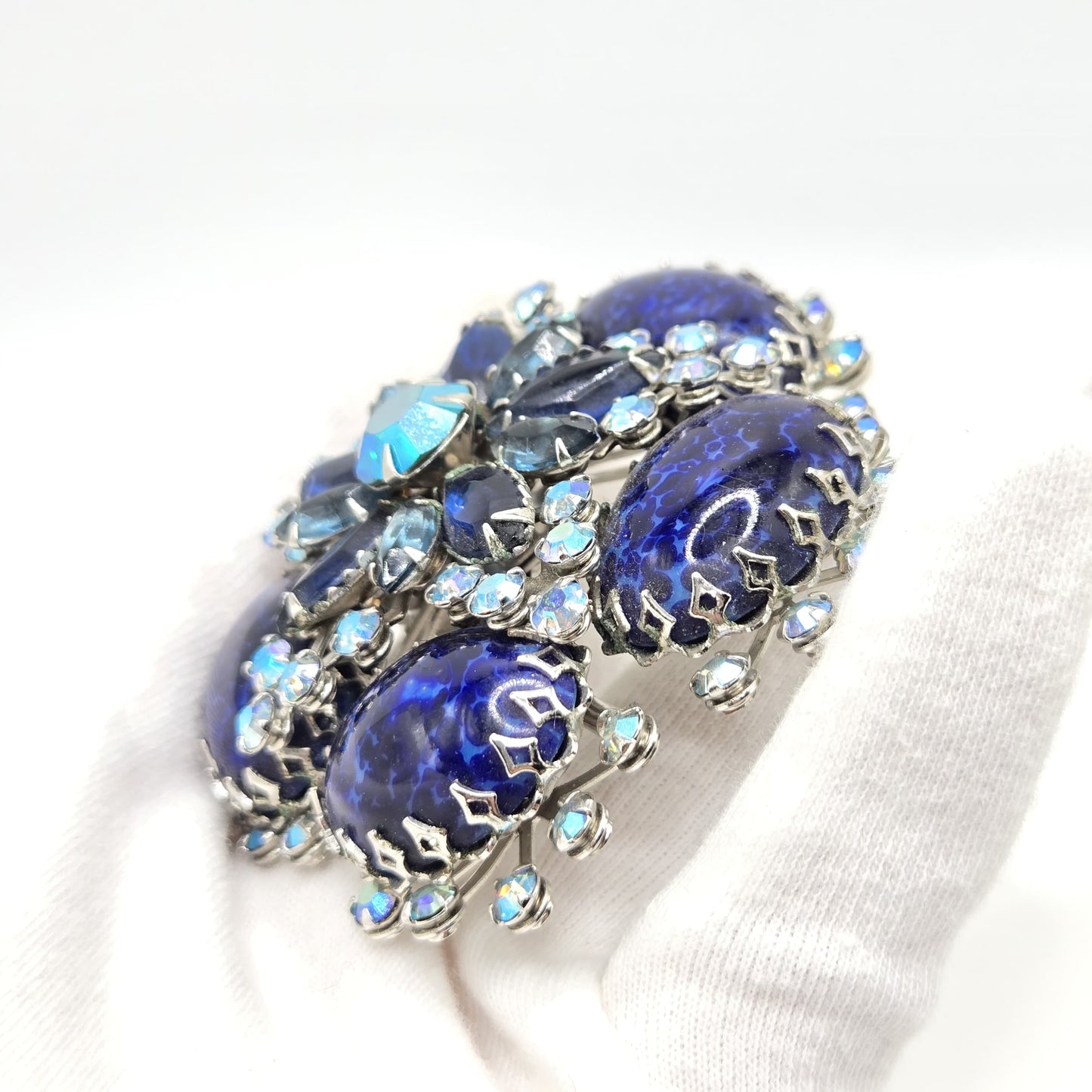 Vintage CATHÈ Flower lapis lazuli Cabochon blue rhinestones silver tone Brooch Pin