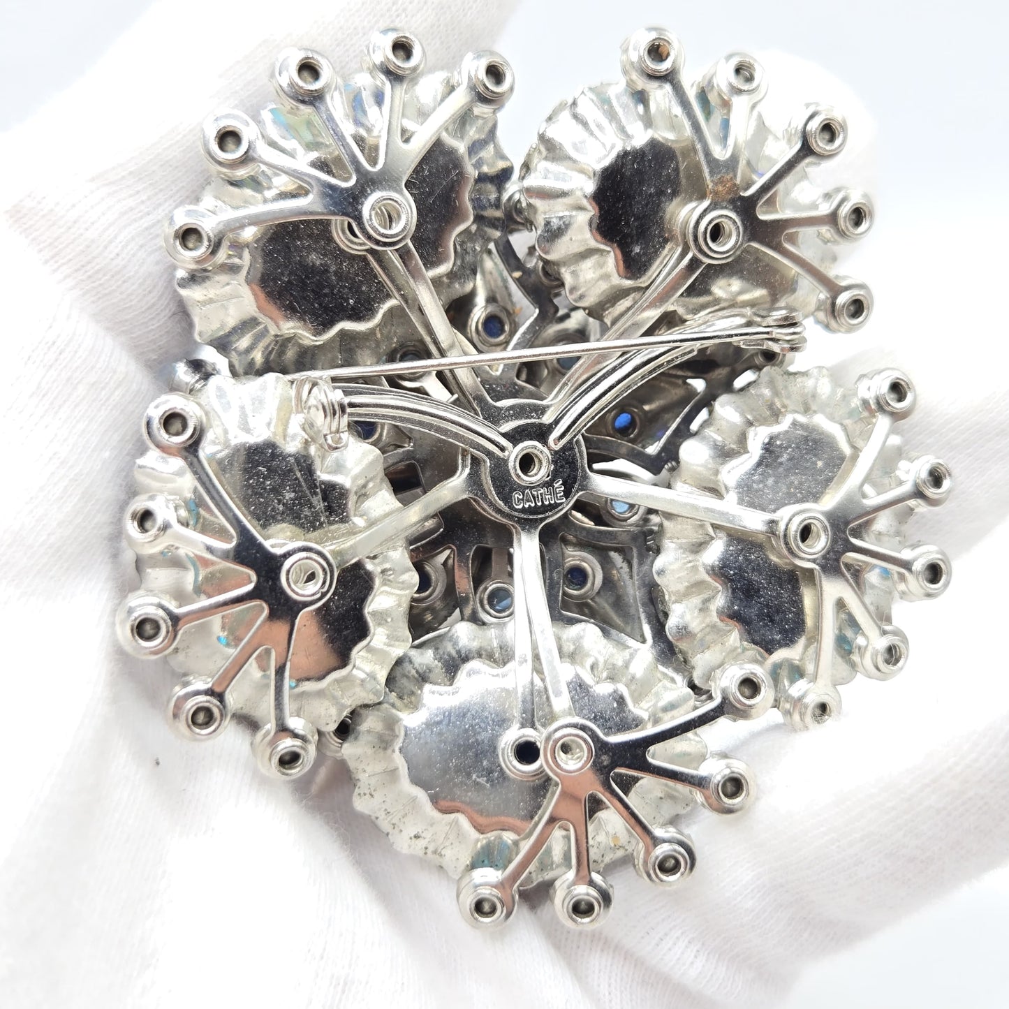 Vintage CATHÈ Flower lapis lazuli Cabochon blue rhinestones silver tone Brooch Pin