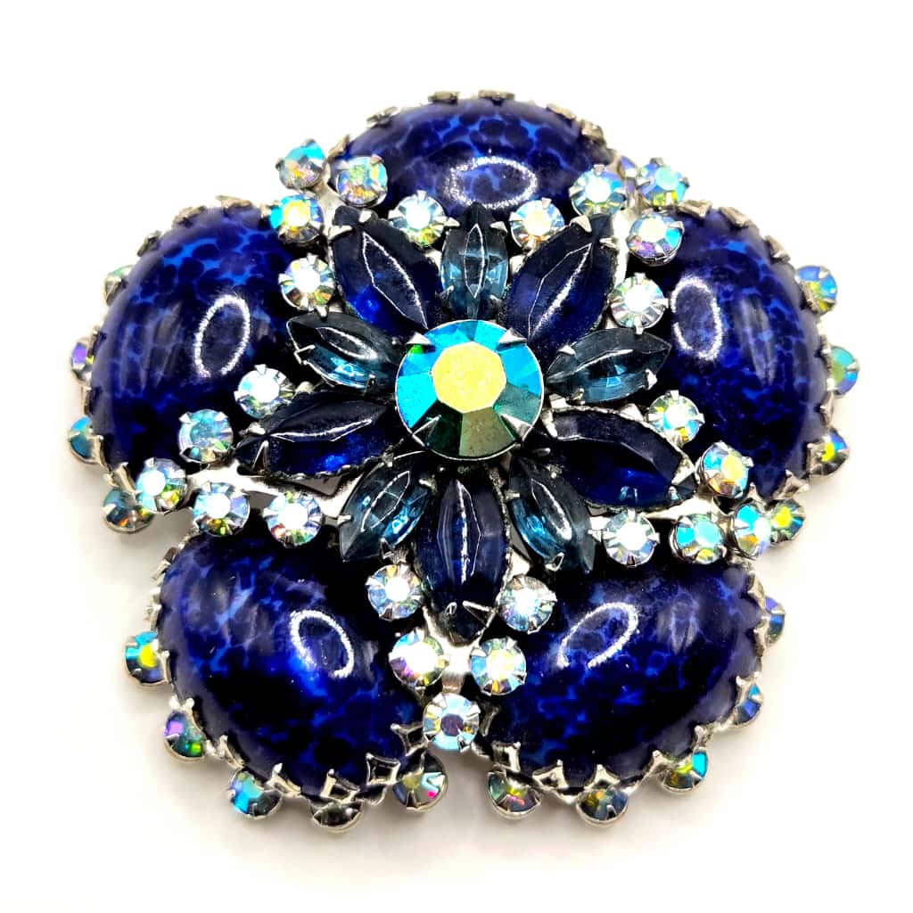 Vintage CATHÈ Flower lapis lazuli Cabochon blue rhinestones silver tone Brooch Pin