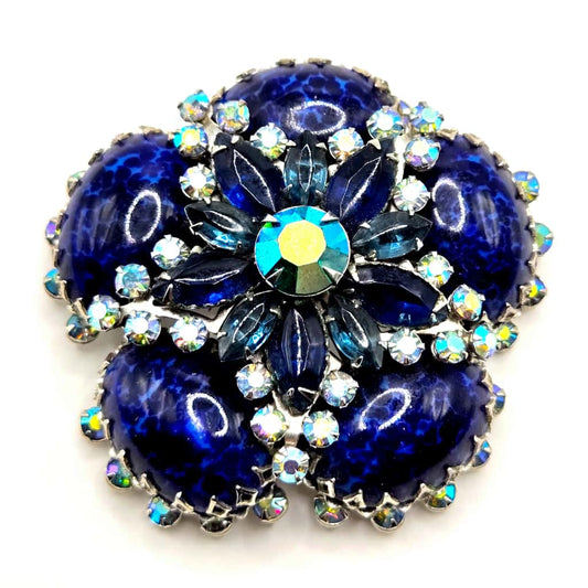 Vintage CATHÈ Flower lapis lazuli Cabochon blue rhinestones silver tone Brooch Pin