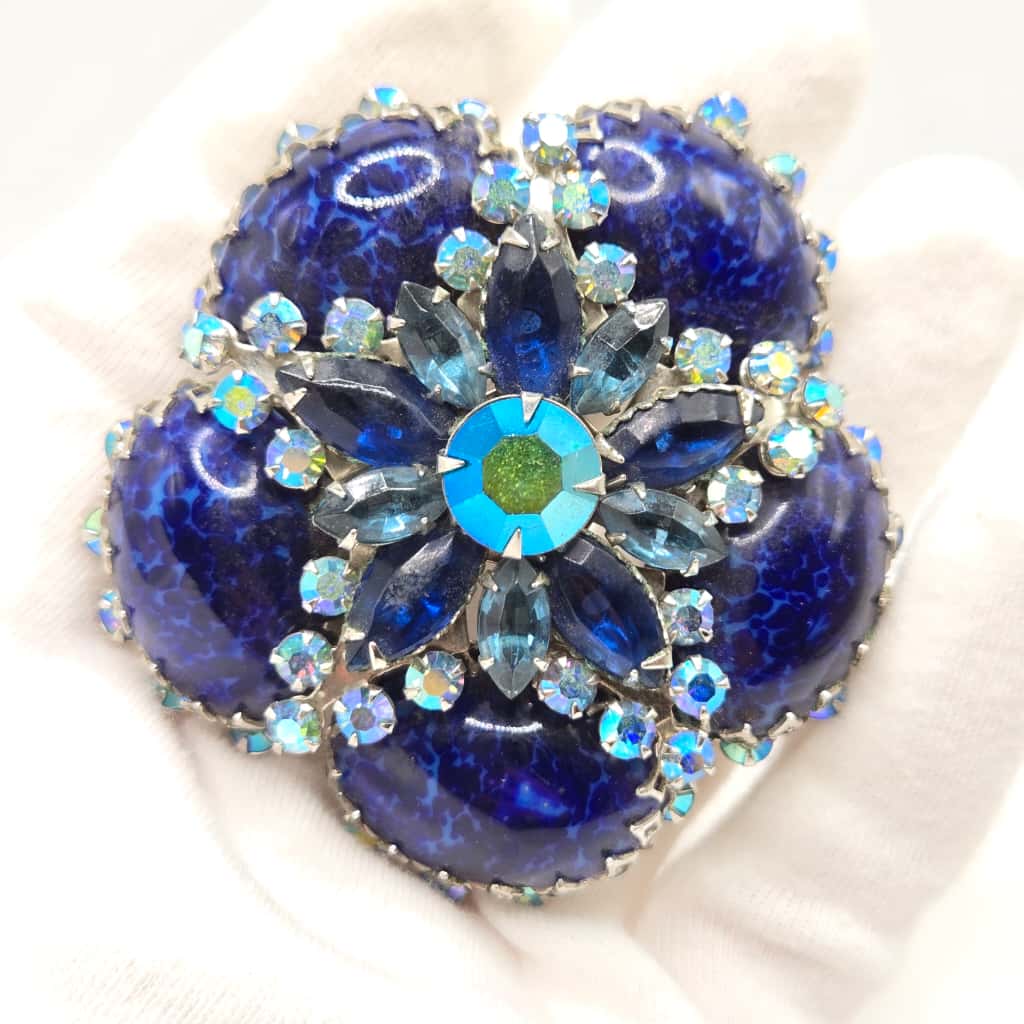 Vintage CATHÈ Flower lapis lazuli Cabochon blue rhinestones silver tone Brooch Pin