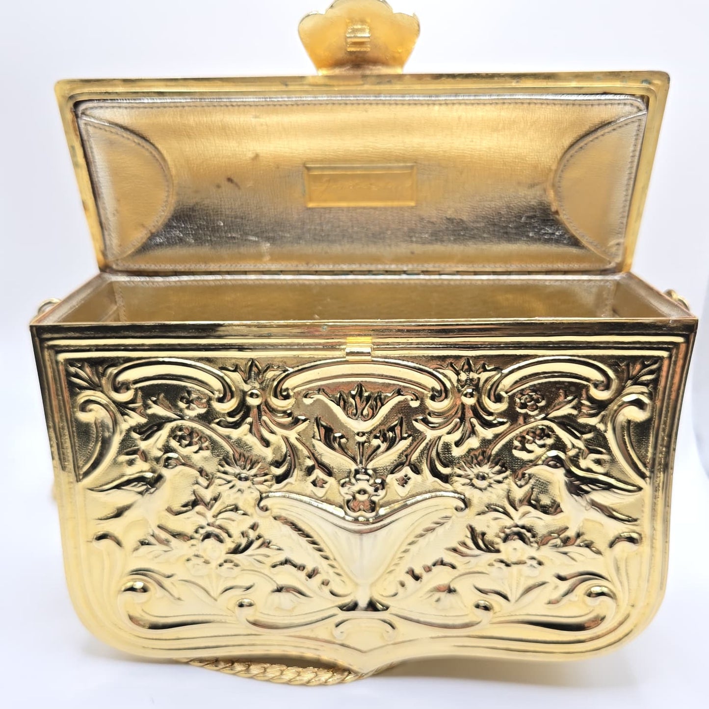 Vintage JUDITH LEIBER Hard Gold tone Metal Minaudière evening clutch bag