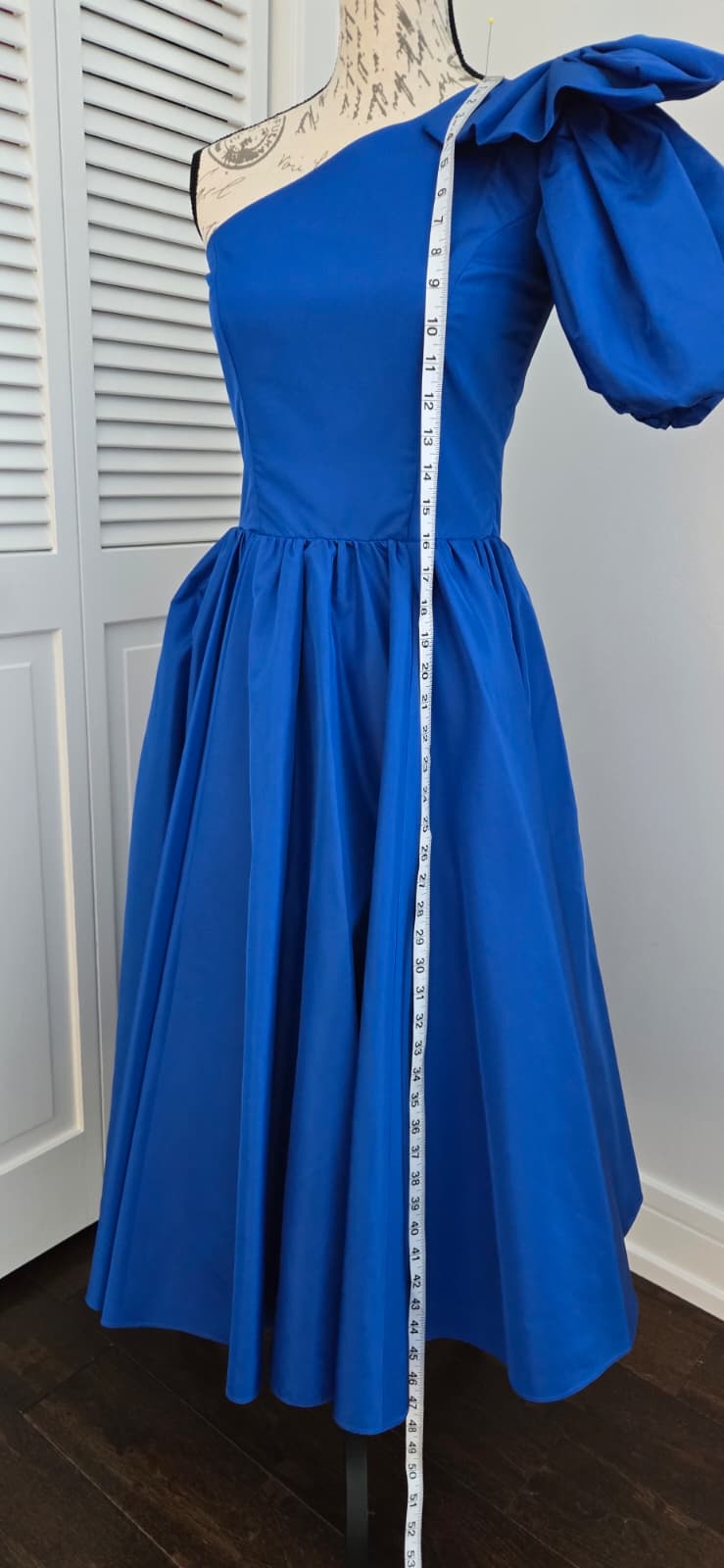 Vintage What's UP BY CAROL Royal blue, off one shoulder with a bow on one side dress