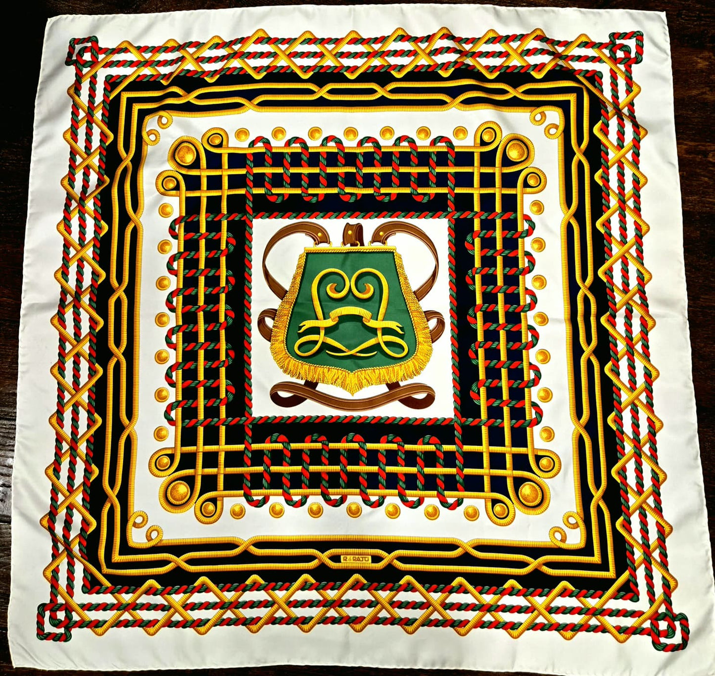 Vintage R DI RATTI Italian silk scarf with an equestrian motif 34x34