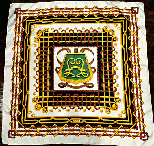 Vintage R DI RATTI Italian silk scarf with an equestrian motif 34x34