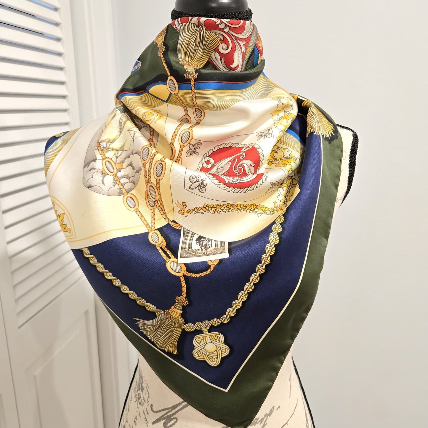 Vintage R DI RATTI Books green blue red gold Silk Scarf hand rolled edges 34x34