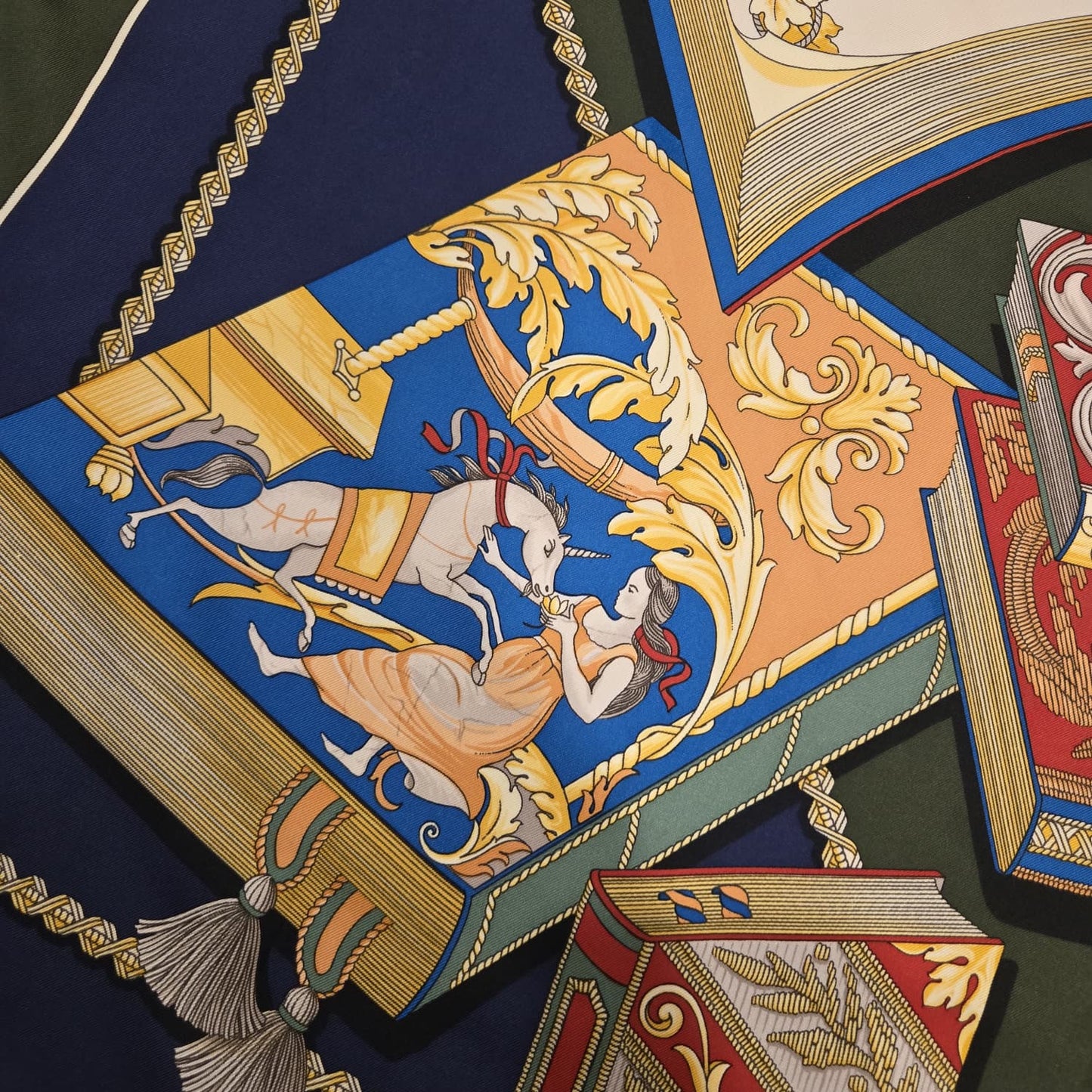 Vintage R DI RATTI Books green blue red gold Silk Scarf hand rolled edges 34x34