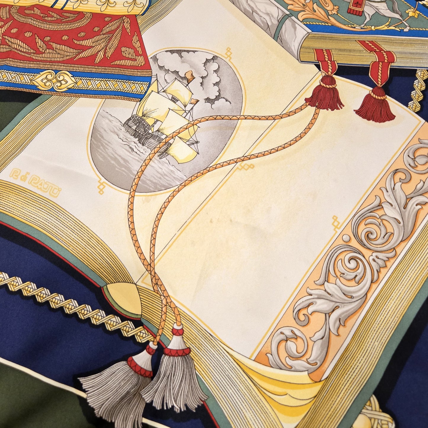 Vintage R DI RATTI Books green blue red gold Silk Scarf hand rolled edges 34x34