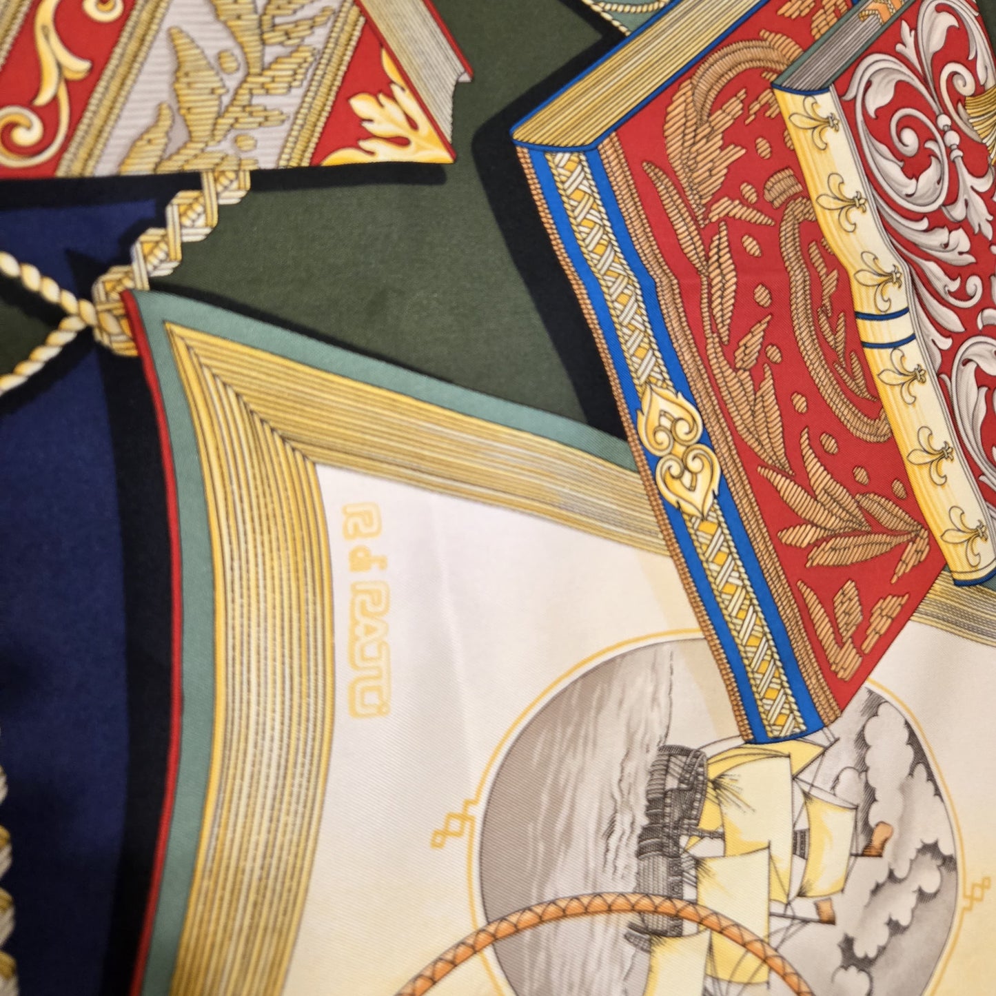 Vintage R DI RATTI Books green blue red gold Silk Scarf hand rolled edges 34x34