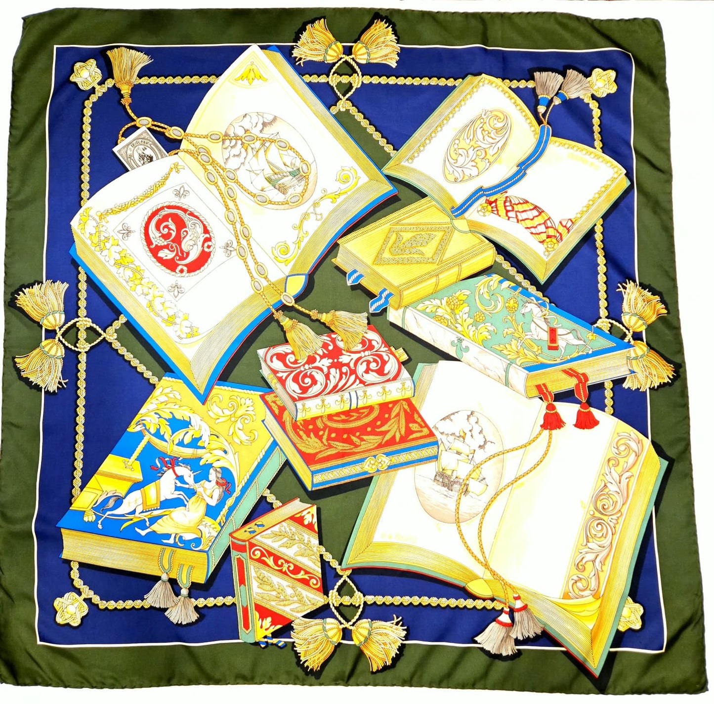 Vintage R DI RATTI Books green blue red gold Silk Scarf hand rolled edges 34x34