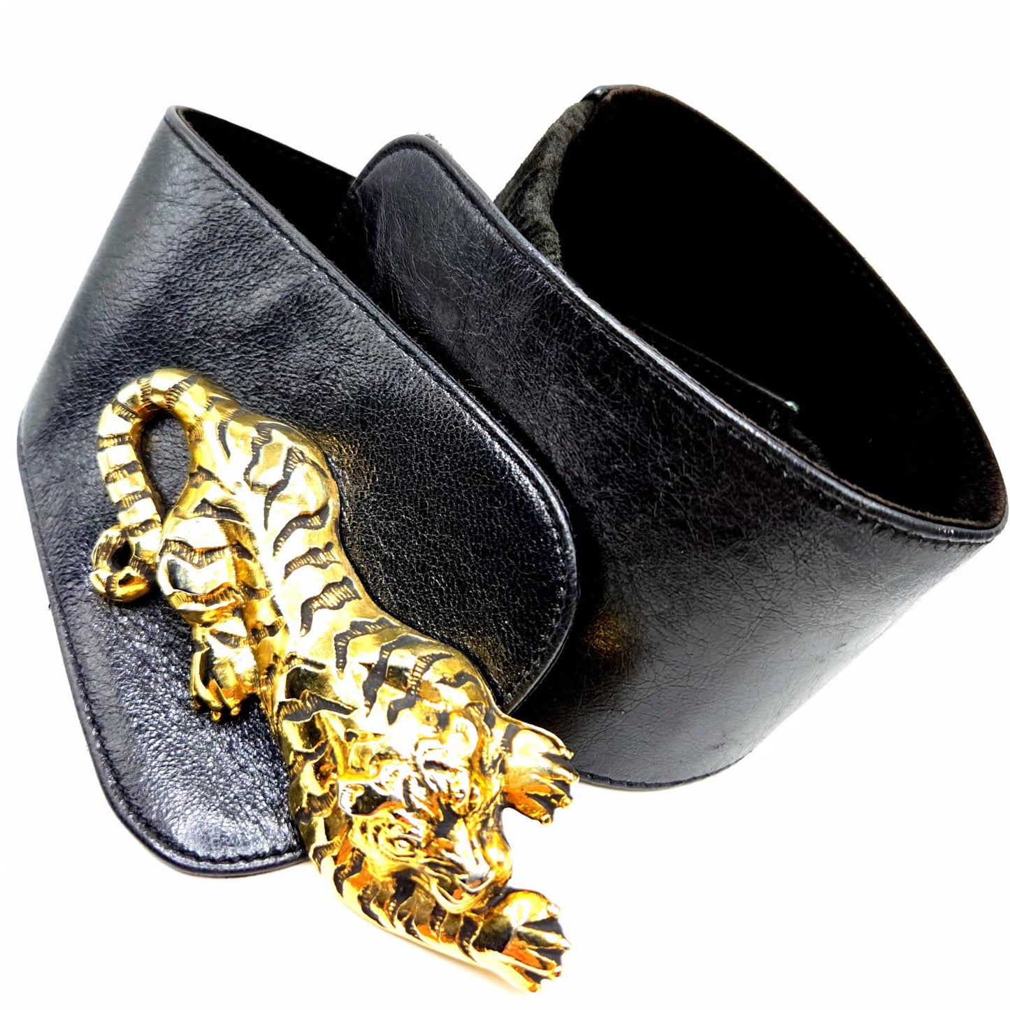 Vintage RAINA gold tone Tiger buckle black leather designer runway belt