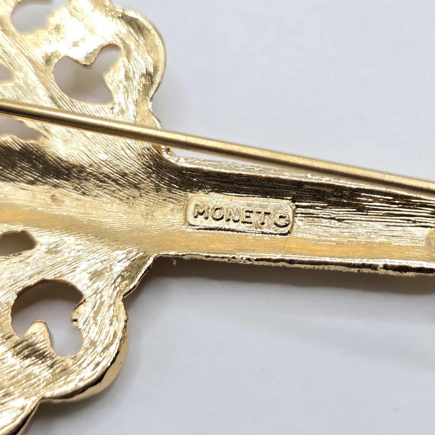 Vintage MONET signed large Key gold tone brooch pin