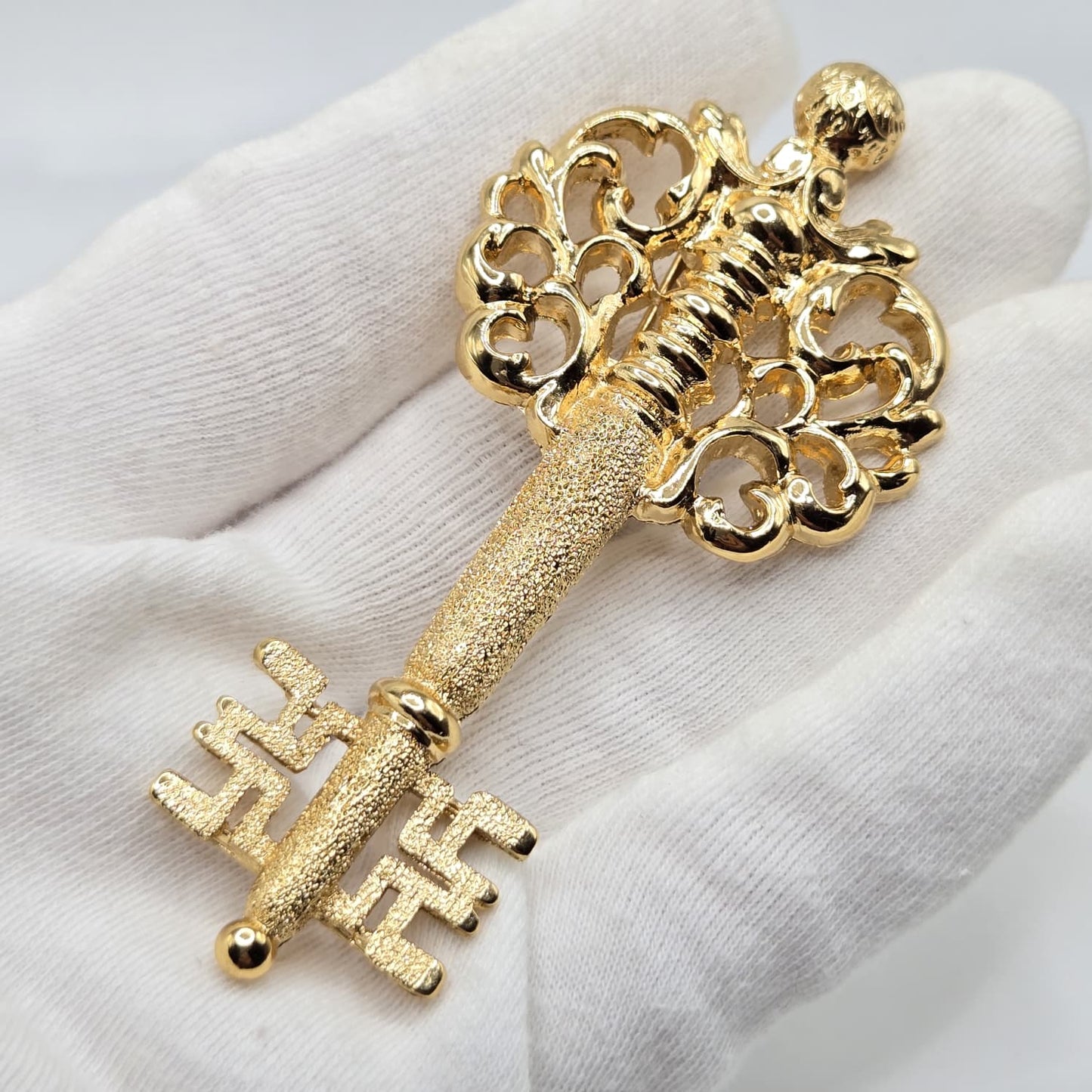Vintage MONET signed large Key gold tone brooch pin