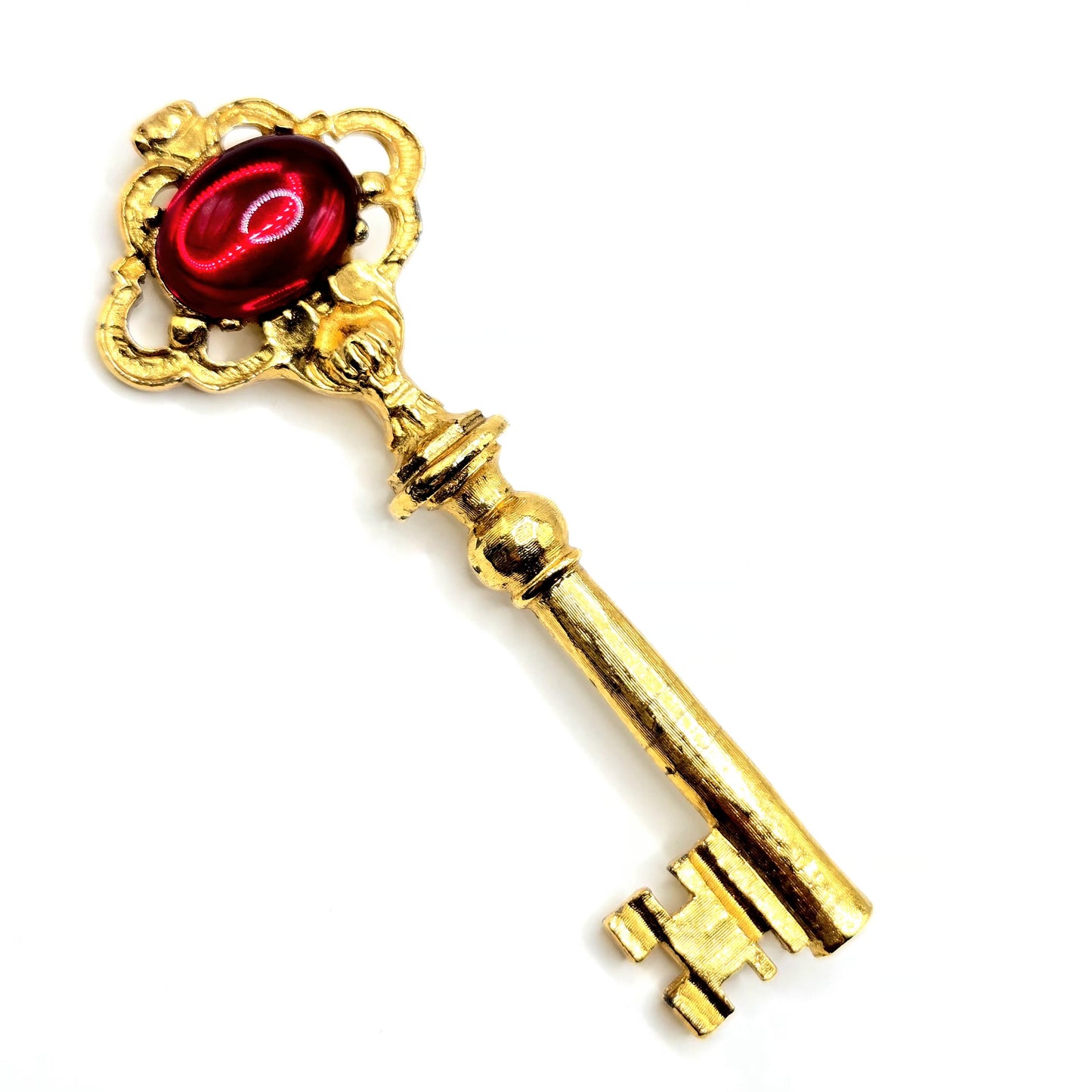 Vintage large Key gold tone red cabochon Brooch pin