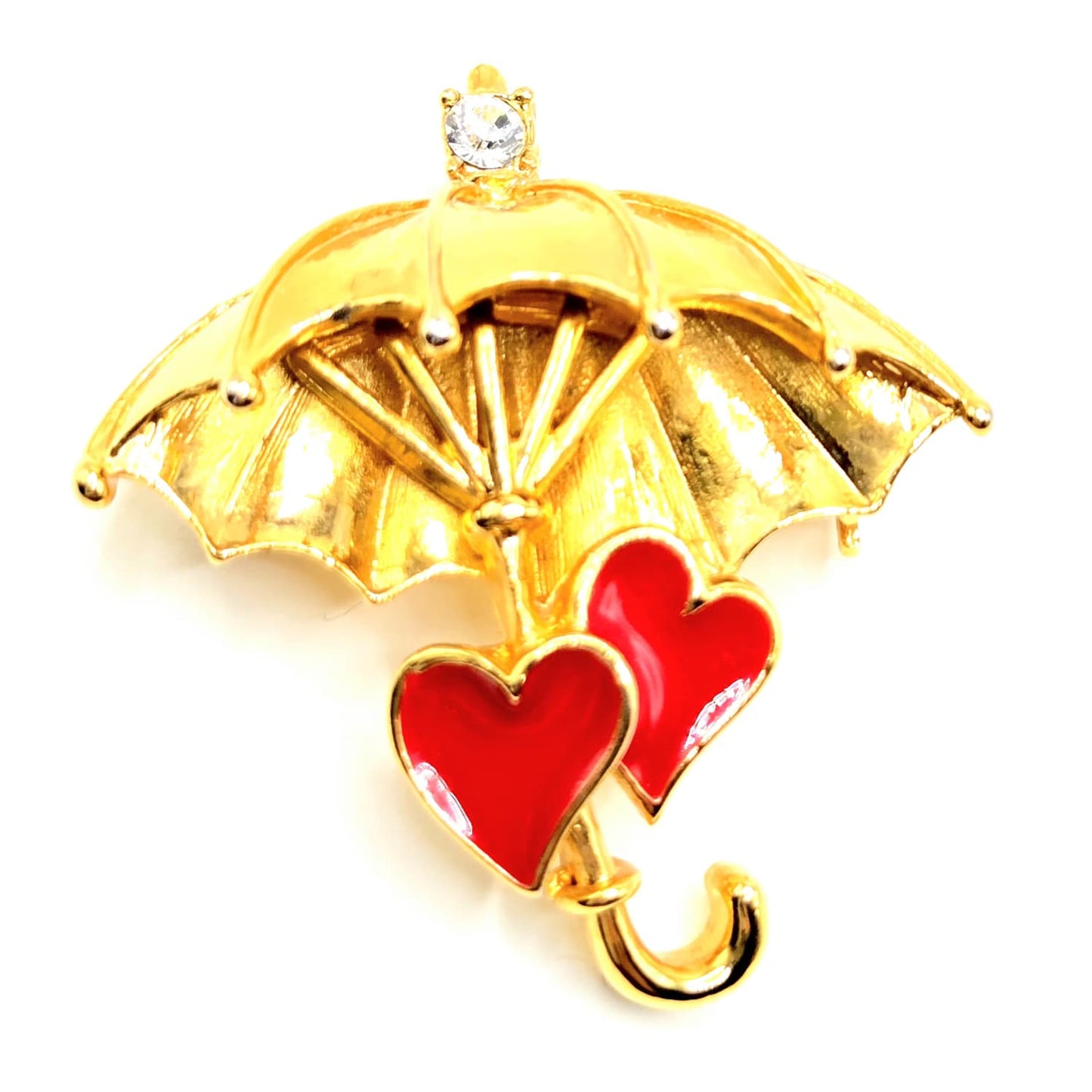 Vintage Two red enamel Hearts under Umbrella gold tone brooch pin