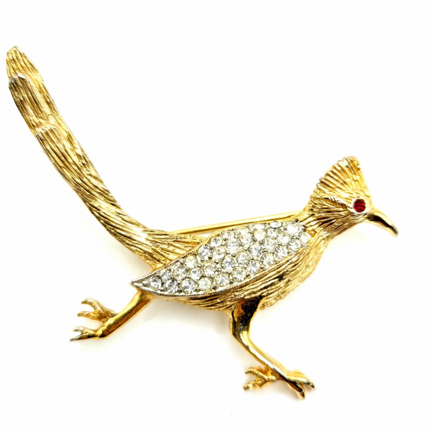 Vintage LES BERNARD Roadrunner gold tone rhinestones Brooch pin