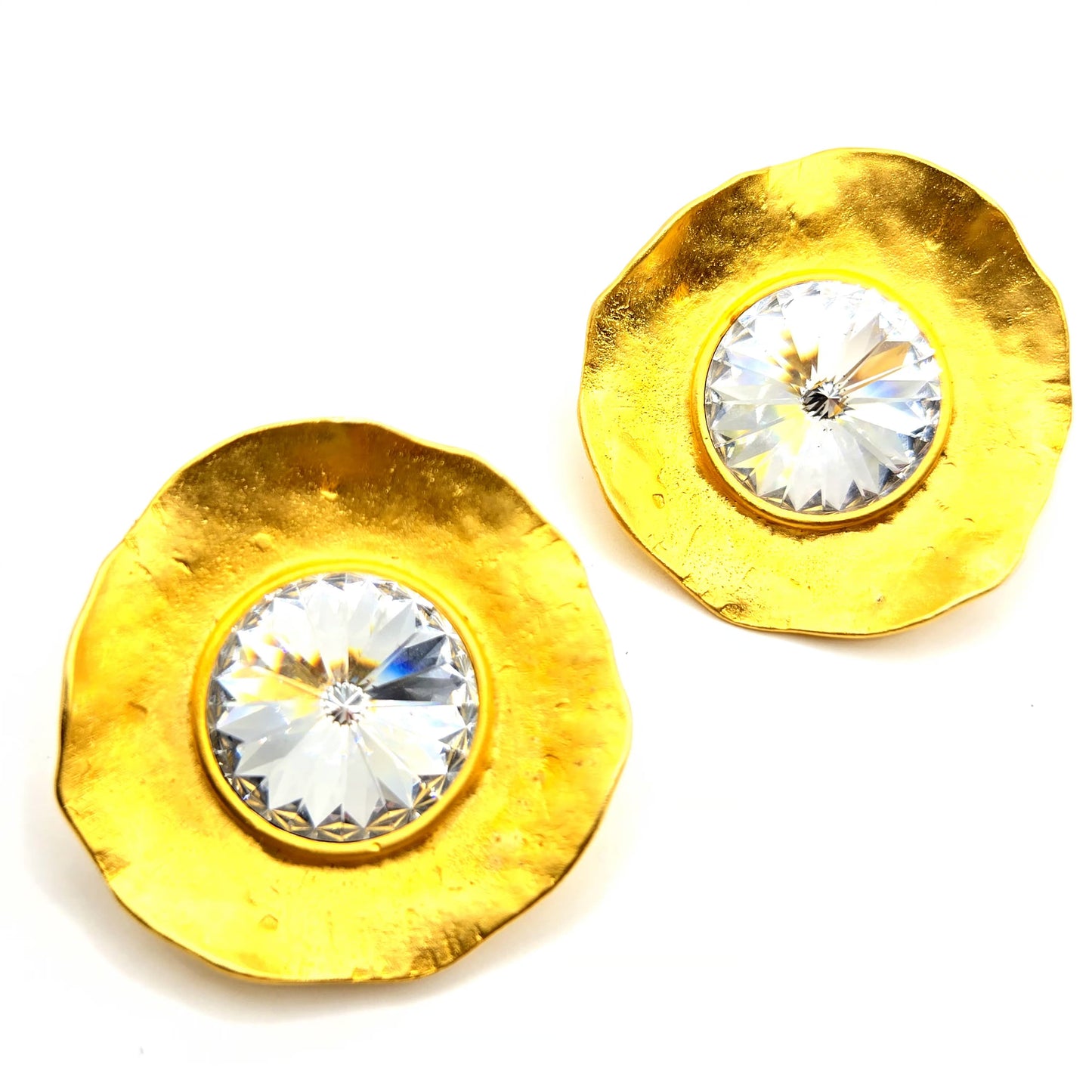 Vintage NORMA JEAN Large Modernist Round matte gold tone clear rhinestone designer runway clip on earrings