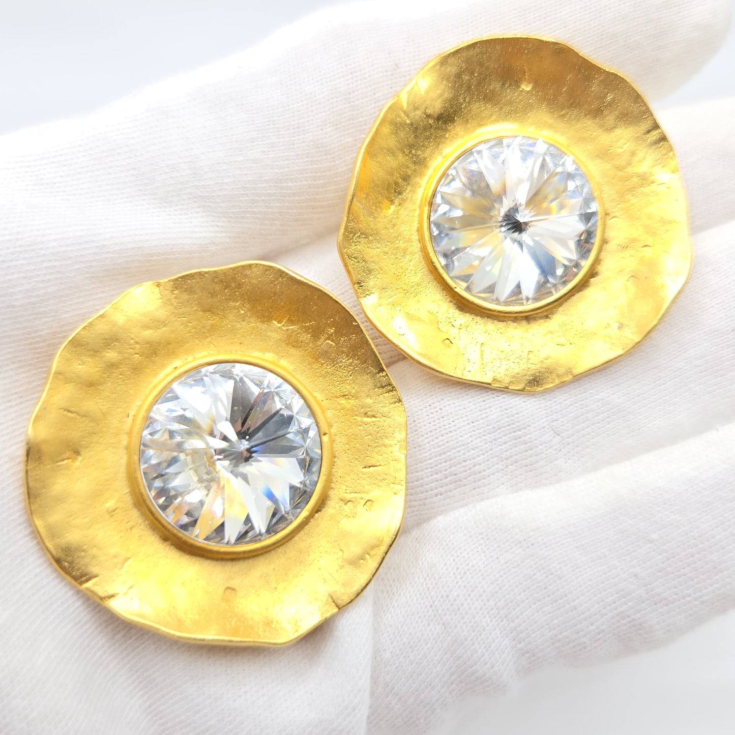 Vintage NORMA JEAN Large Modernist Round matte gold tone clear rhinestone designer runway clip on earrings