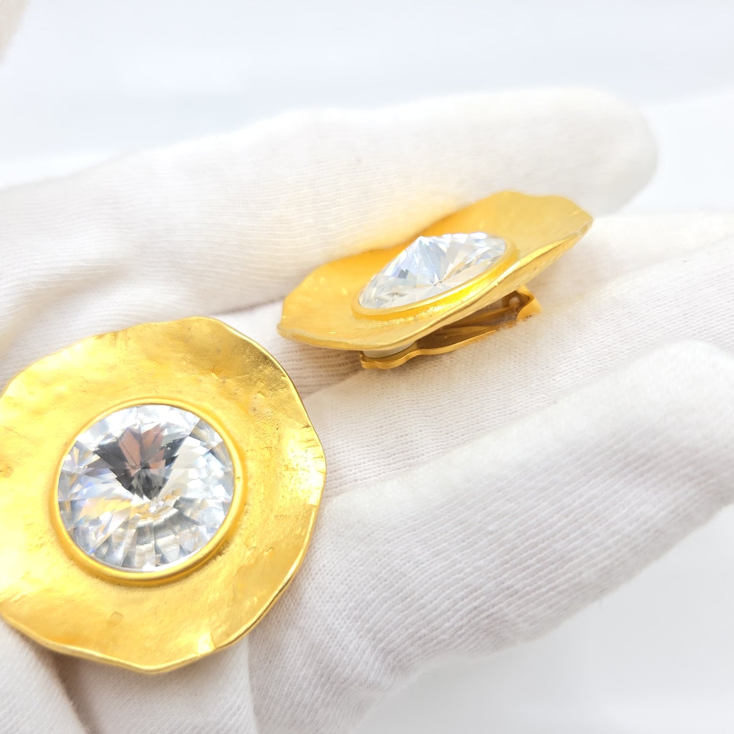 Vintage NORMA JEAN Large Modernist Round matte gold tone clear rhinestone designer runway clip on earrings