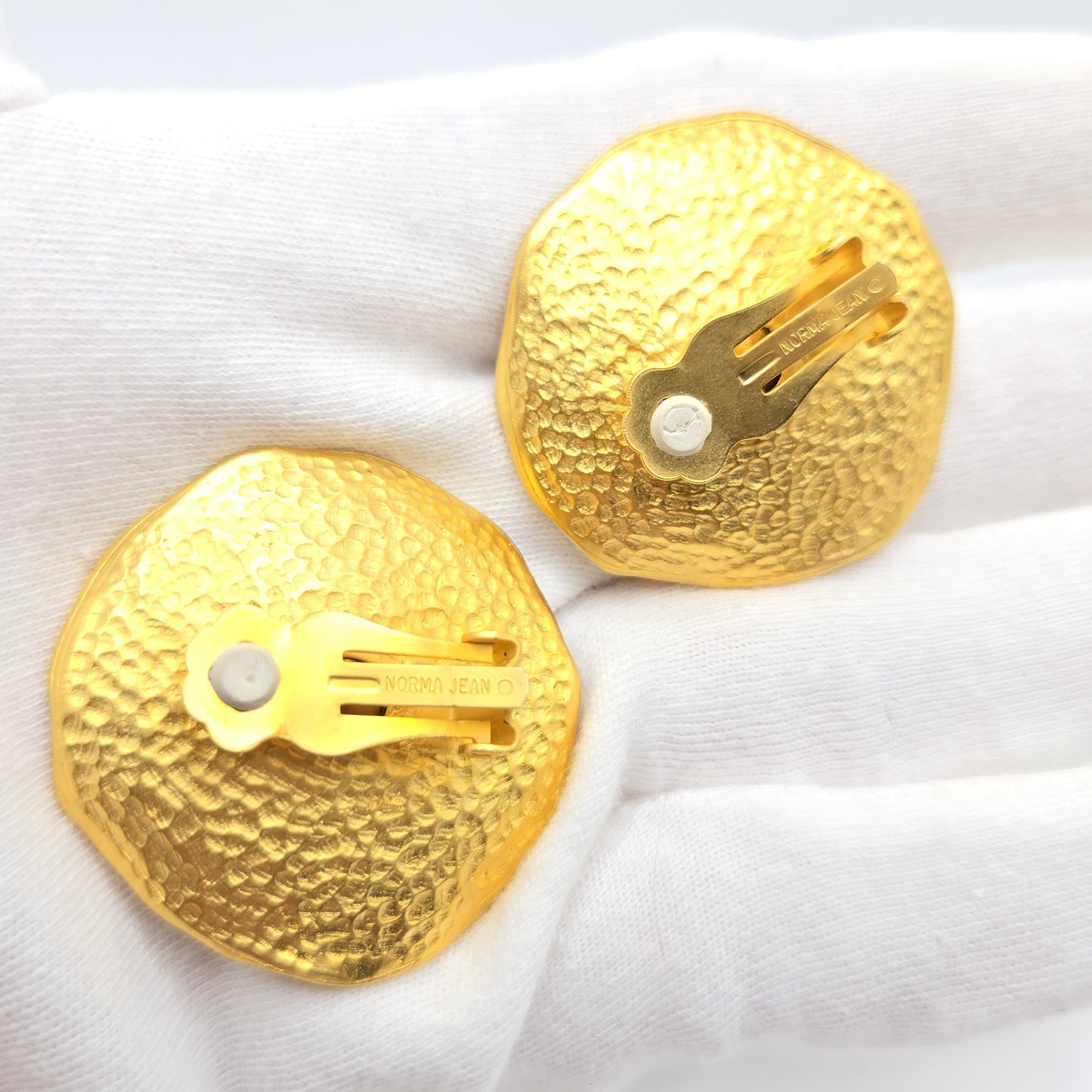 Vintage NORMA JEAN Large Modernist Round matte gold tone clear rhinestone designer runway clip on earrings