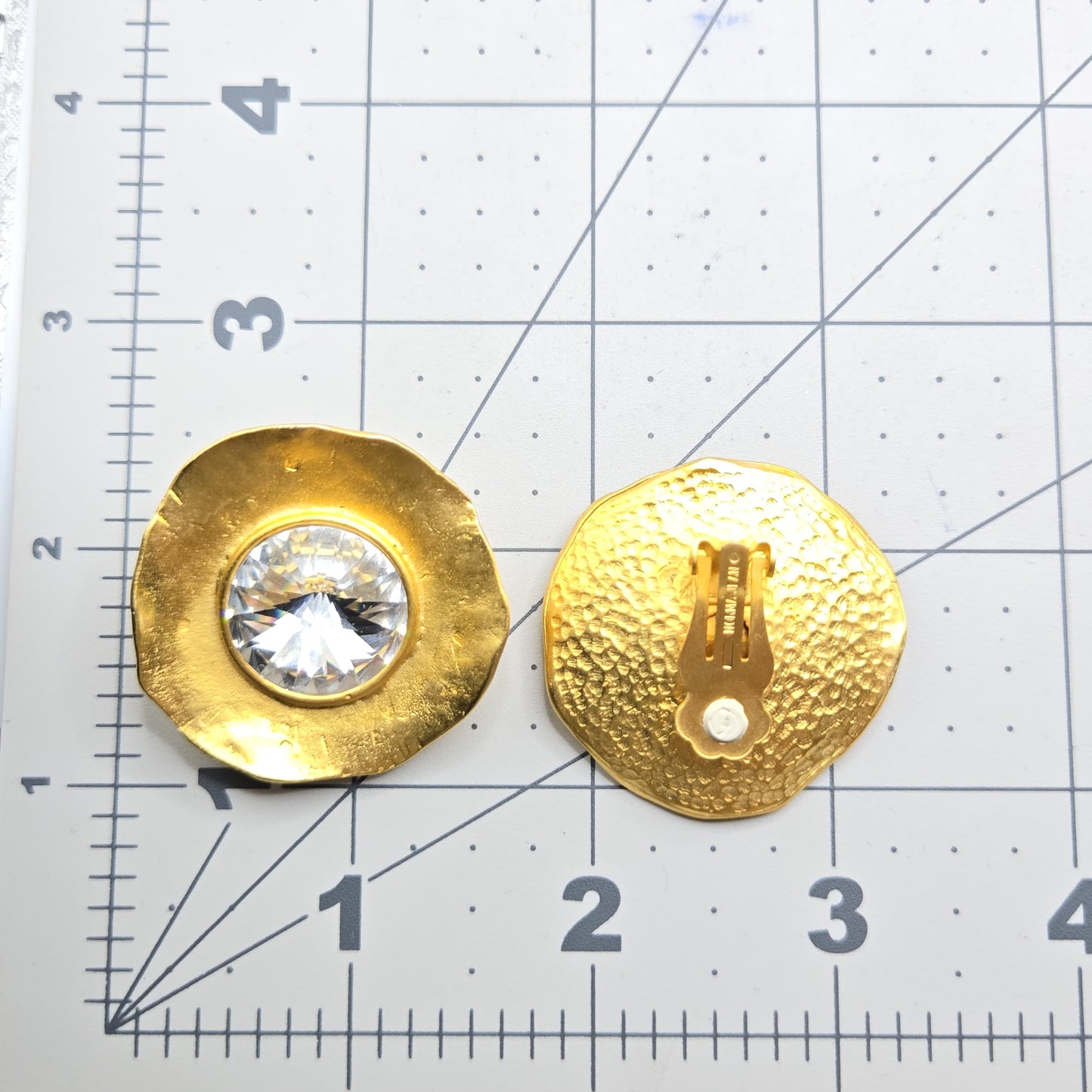 Vintage NORMA JEAN Large Modernist Round matte gold tone clear rhinestone designer runway clip on earrings
