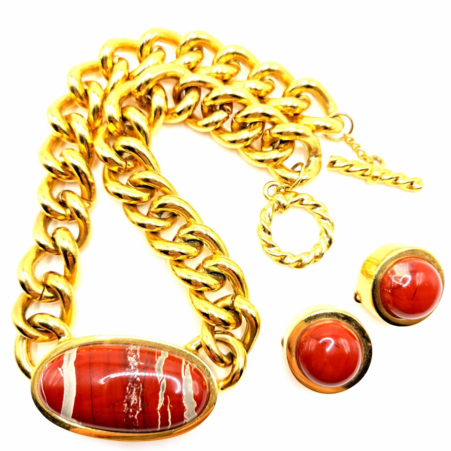 Vintage Massive Red Jasper stone gold tone chain necklace and clip on earrings set designer runway