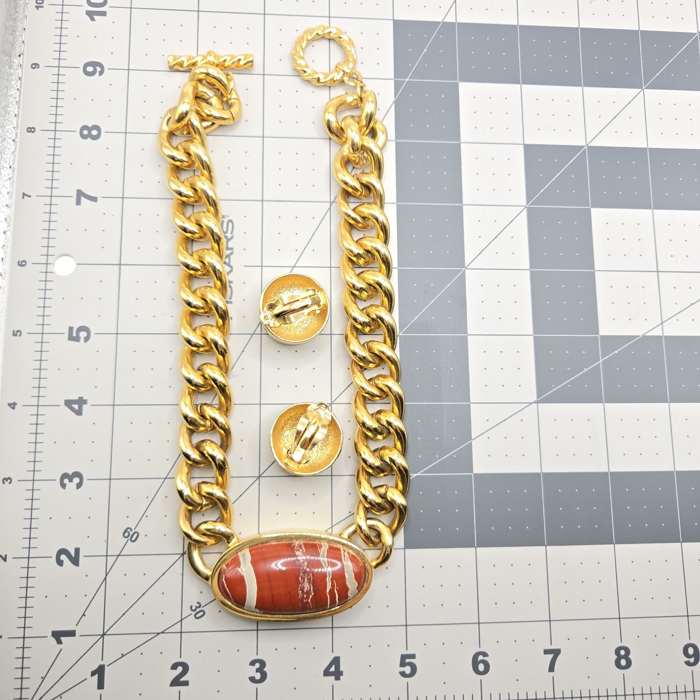 Vintage Massive Red Jasper stone gold tone chain necklace and clip on earrings set designer runway