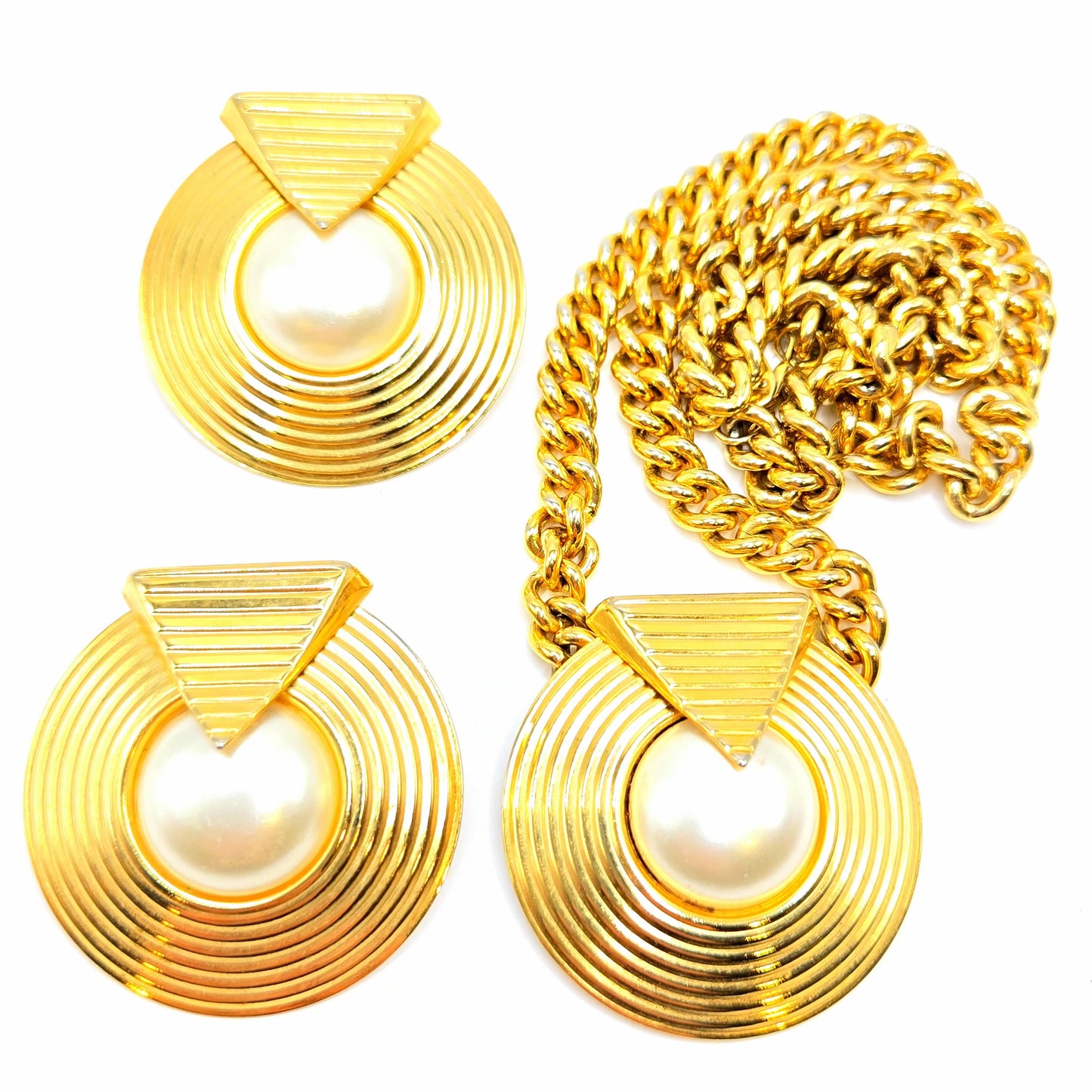 Vintage PARK LANE Cleopatra Faux Pearl gold tone chain necklace and earrings set designer runway
