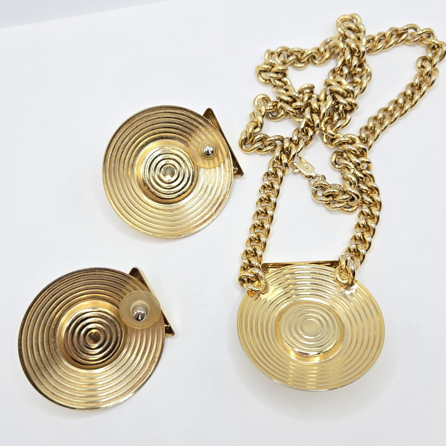 Vintage PARK LANE Cleopatra Faux Pearl gold tone chain necklace and earrings set designer runway