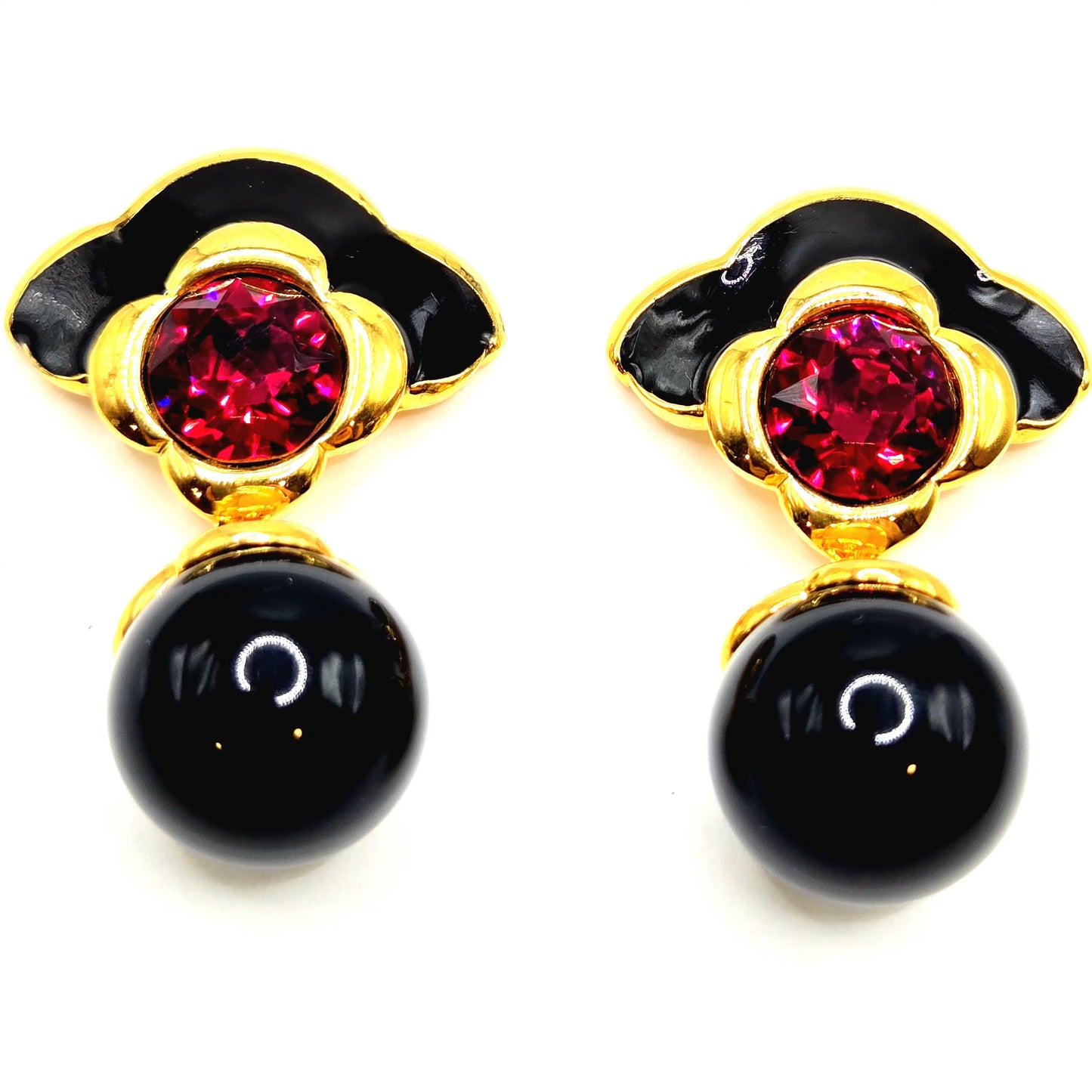 Vintage MONET red Rhinestone black enamel dangle earrings designer runway